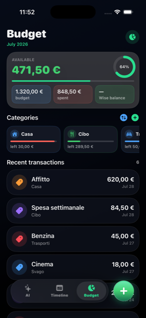 Budget con categorie e transazioni